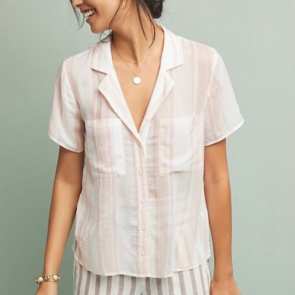 Anthropologie Cloth & Stone Pink White Striped Sheer Button Down‎ Top